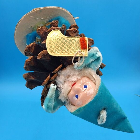 Vintage 1960s Pinecone Elf Ornament Blue Flocked Hat Chenille Arms Foil Stocking - Picture 7 of 9